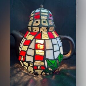 Vintage Tiffany Style Stained Glass Snowman Tea Pot Table Lamp Night Light
